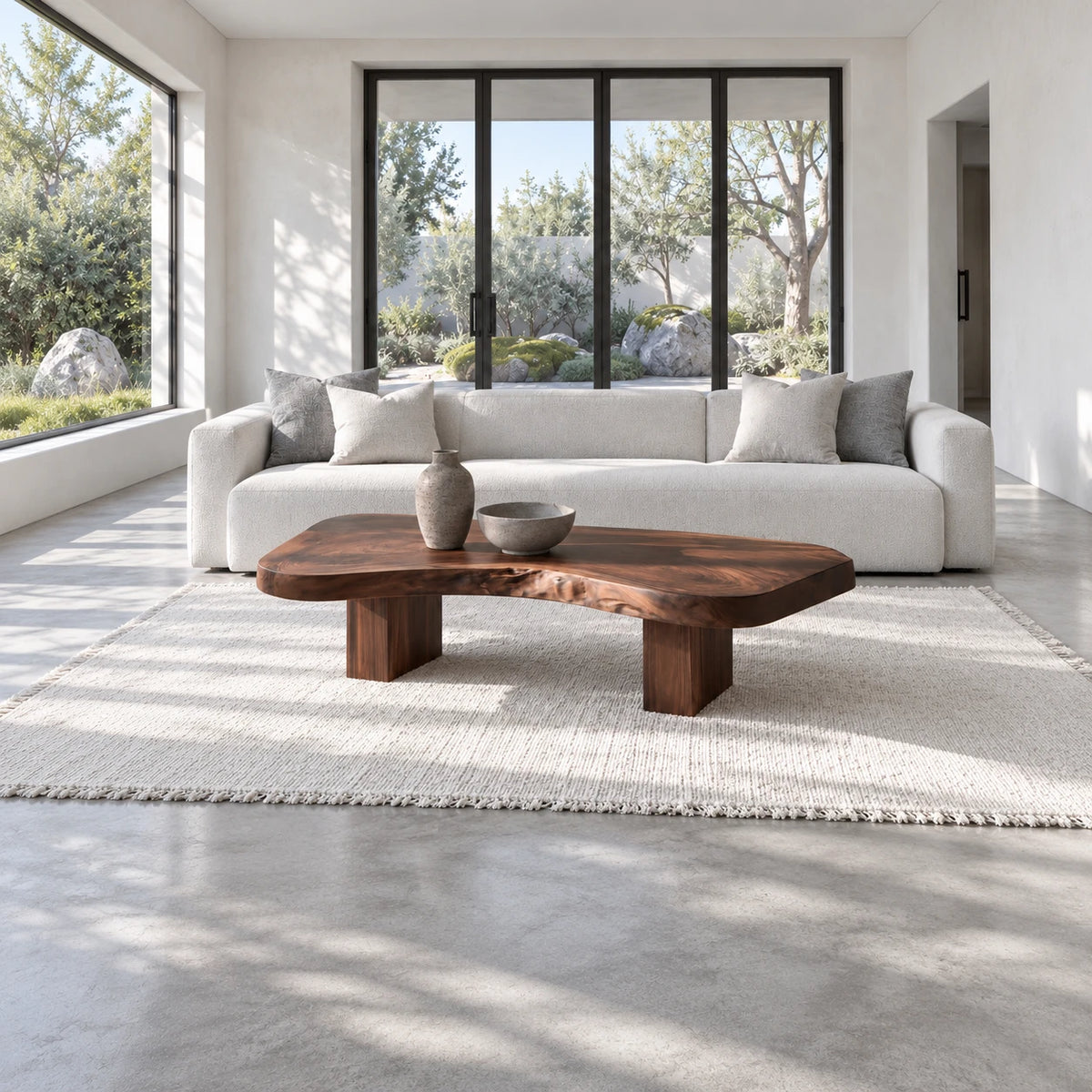 Natural Wood Coffee Table with Pebble-Form Slab Top on Twin Inset Block Plinths - Arboriswood - 3