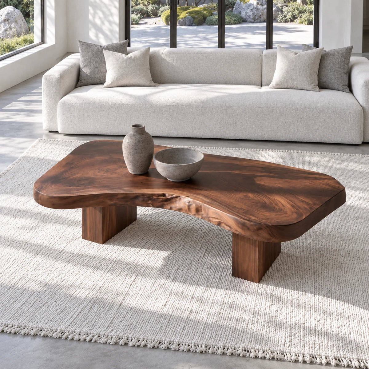 Natural Wood Coffee Table with Pebble-Form Slab Top on Twin Inset Block Plinths - Arboriswood - 5