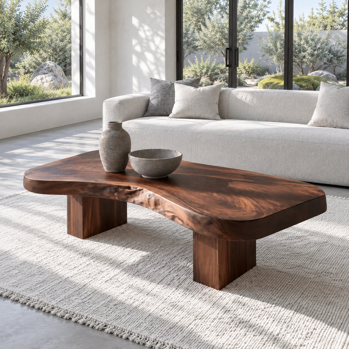 Natural Wood Coffee Table with Pebble-Form Slab Top on Twin Inset Block Plinths - Arboriswood - 6