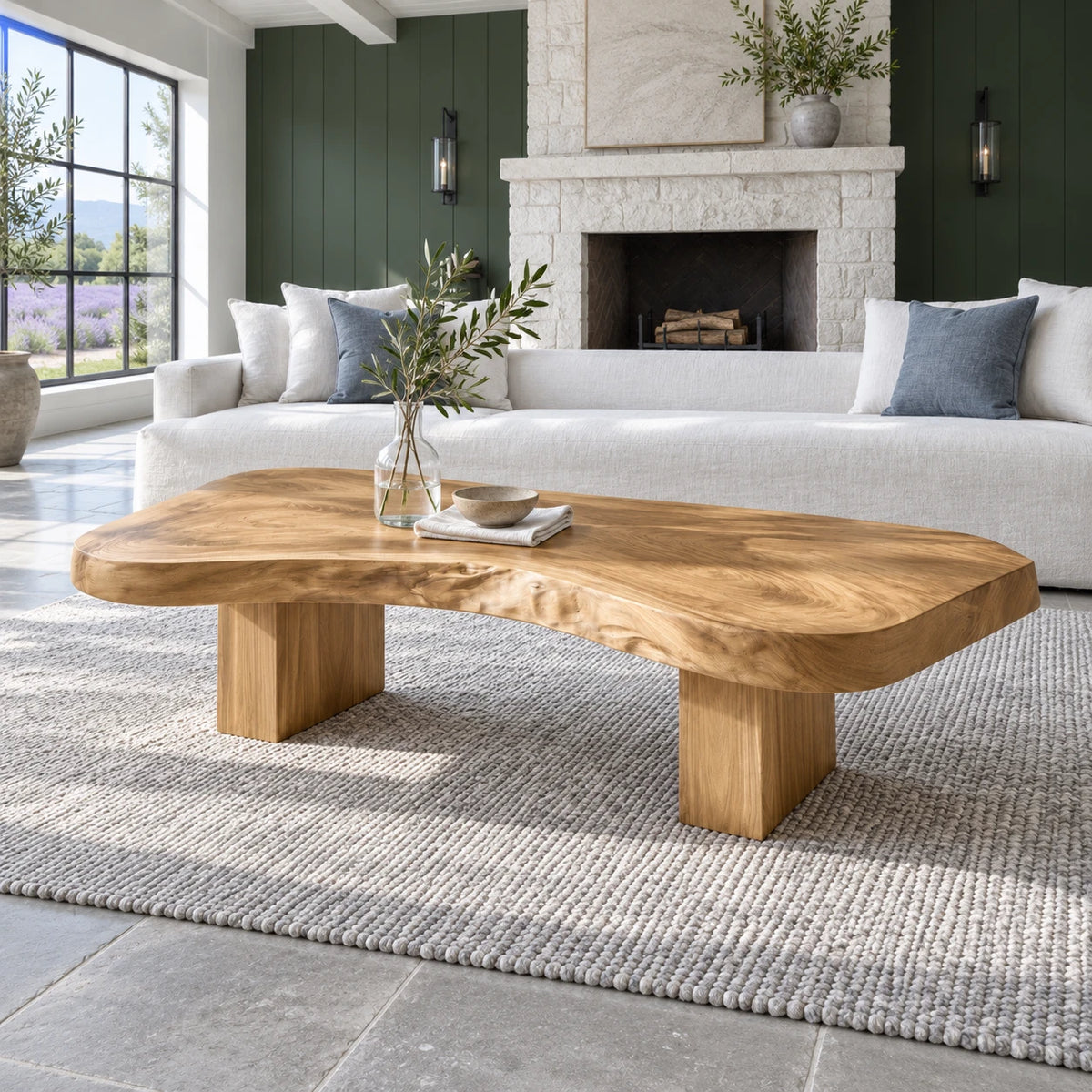 Natural Wood Coffee Table with Pebble-Form Slab Top on Twin Inset Block Plinths - Arboriswood - 8