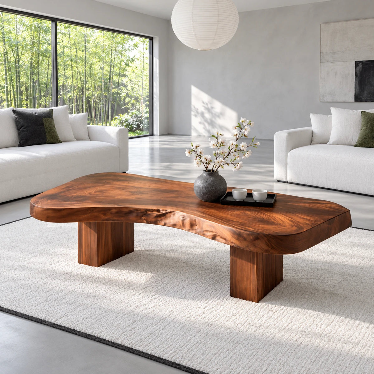 Natural Wood Coffee Table with Pebble-Form Slab Top on Twin Inset Block Plinths - Arboriswood - 9
