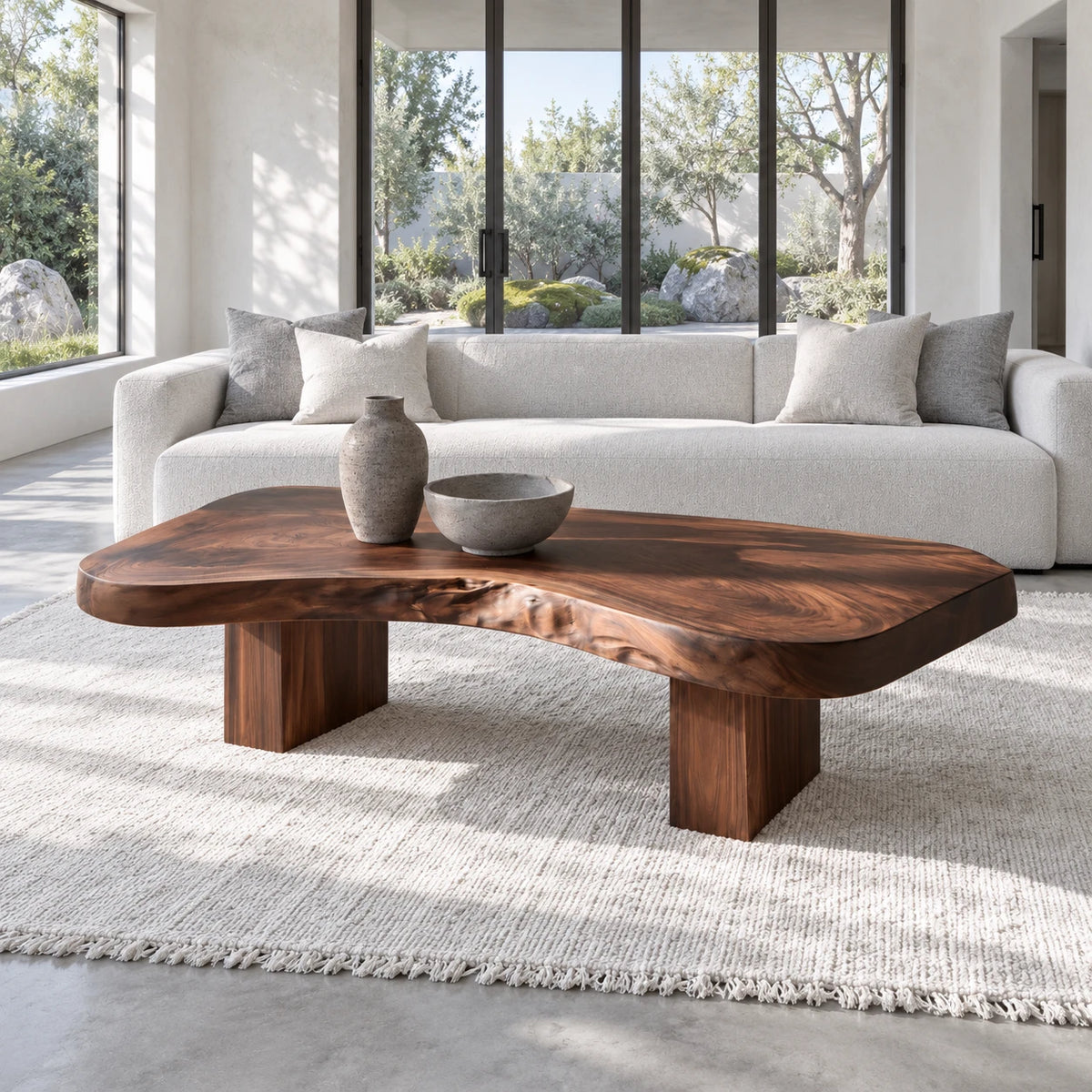 Natural Wood Coffee Table with Pebble-Form Slab Top on Twin Inset Block Plinths - Arboriswood