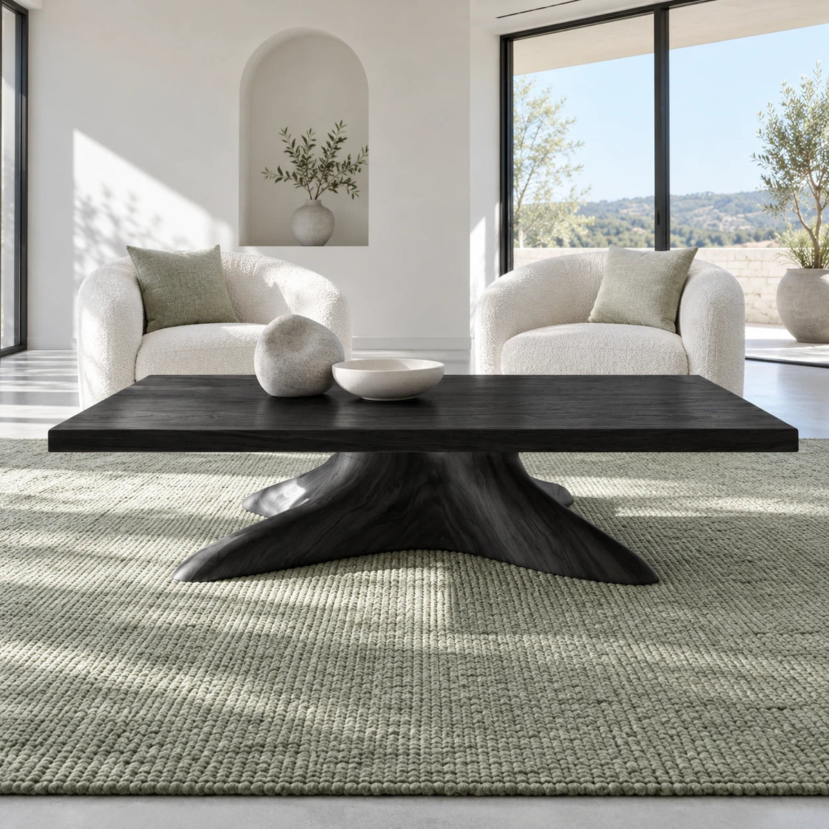 Natural Wood Coffee Table with Thick Slab Top on Carved Root-Flared Pedestal - Arboriswood - 10
