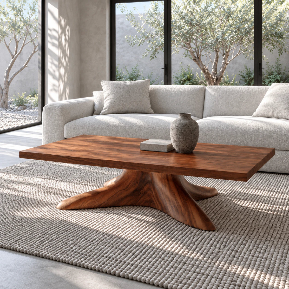 Natural Wood Coffee Table with Thick Slab Top on Carved Root-Flared Pedestal - Arboriswood - 2