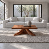 Natural Wood Coffee Table with Thick Slab Top on Carved Root-Flared Pedestal