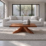 Natural Wood Coffee Table with Thick Slab Top on Carved Root-Flared Pedestal