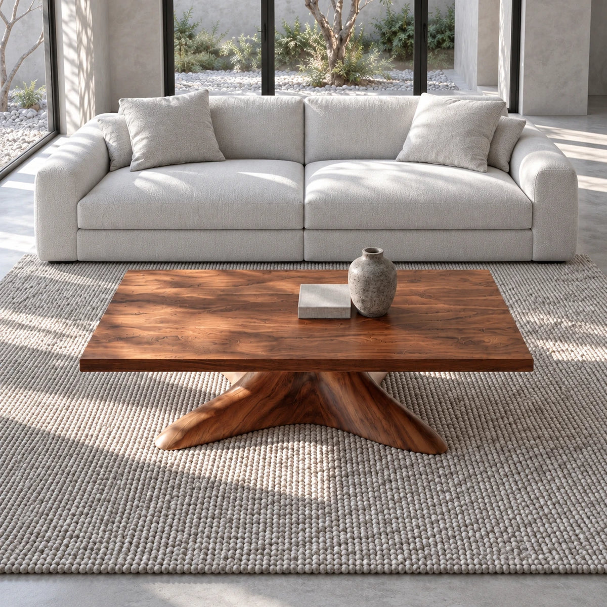 Natural Wood Coffee Table with Thick Slab Top on Carved Root-Flared Pedestal - Arboriswood - 5