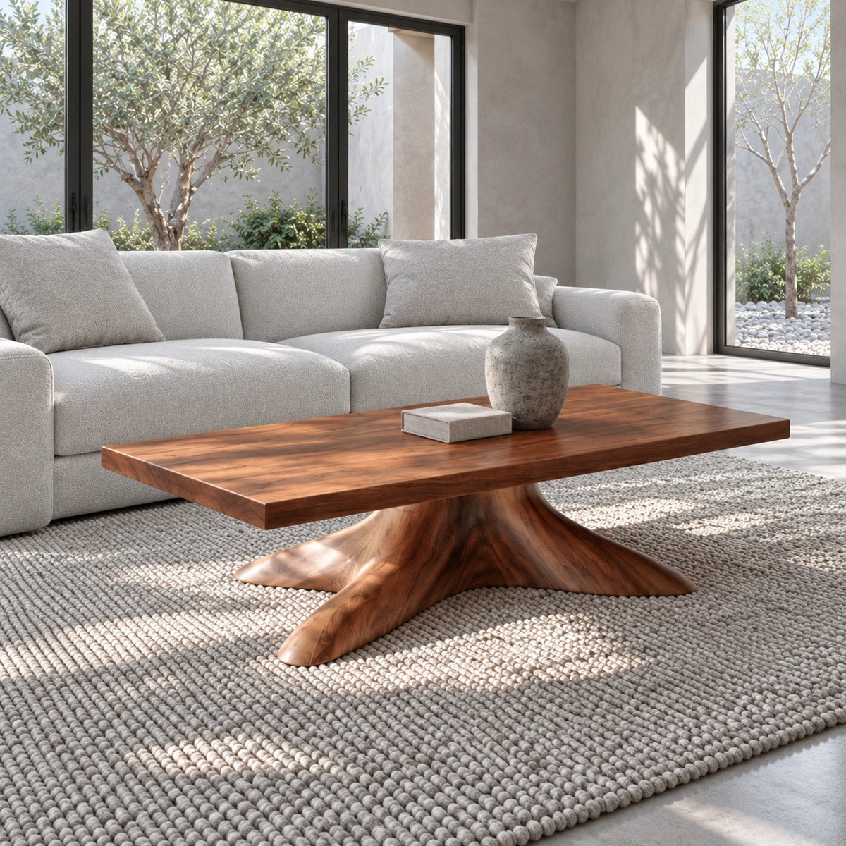 Natural Wood Coffee Table with Thick Slab Top on Carved Root-Flared Pedestal - Arboriswood - 6