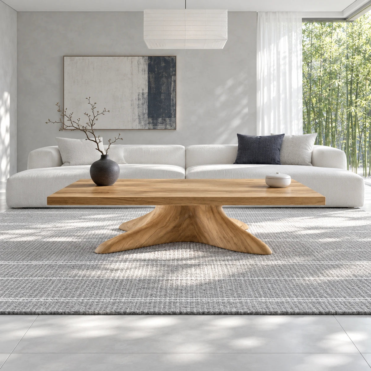 Natural Wood Coffee Table with Thick Slab Top on Carved Root-Flared Pedestal - Arboriswood - 9