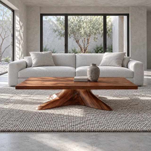 Natural Wood Coffee Table with Thick Slab Top on Carved Root-Flared Pedestal - Arboriswood