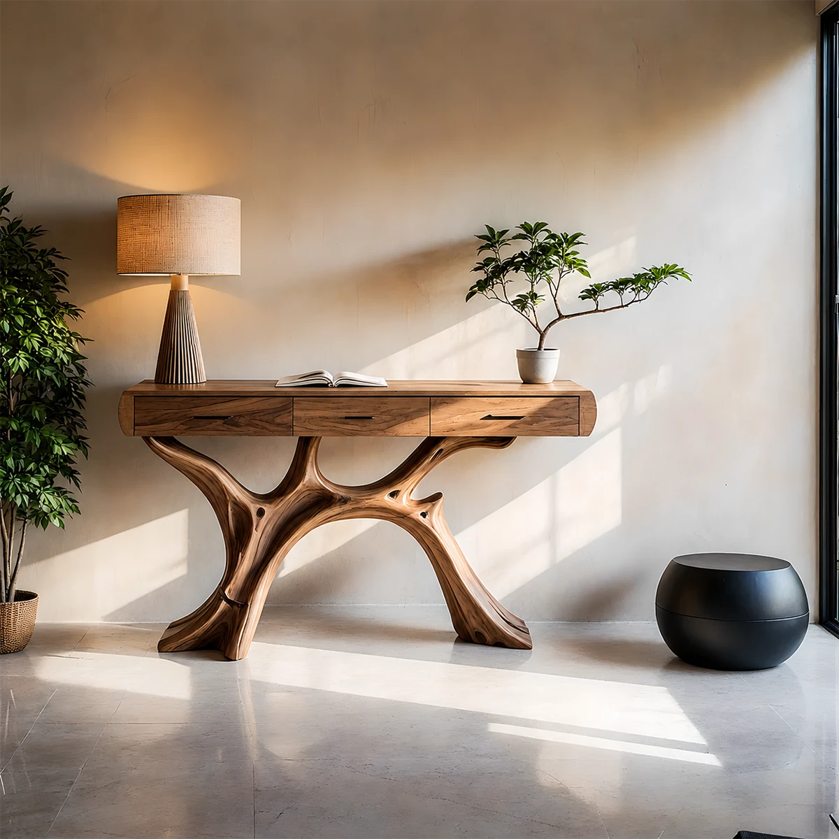 Natural Wood Console Table with Drawers and Sculptural Base for Decor Styling - ArborisWood - 11