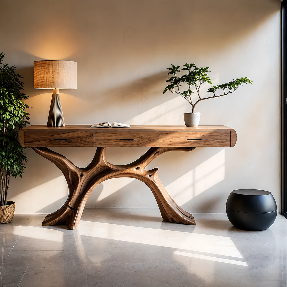 Natural Wood Console Table with Drawers and Sculptural Base for Decor Styling - ArborisWood - 12