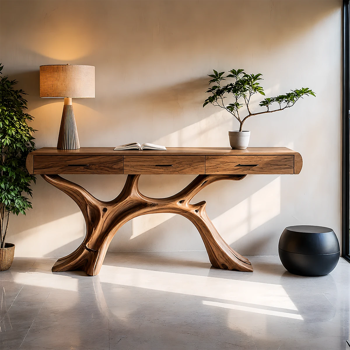 Natural Wood Console Table with Drawers and Sculptural Base for Decor Styling - ArborisWood - 13