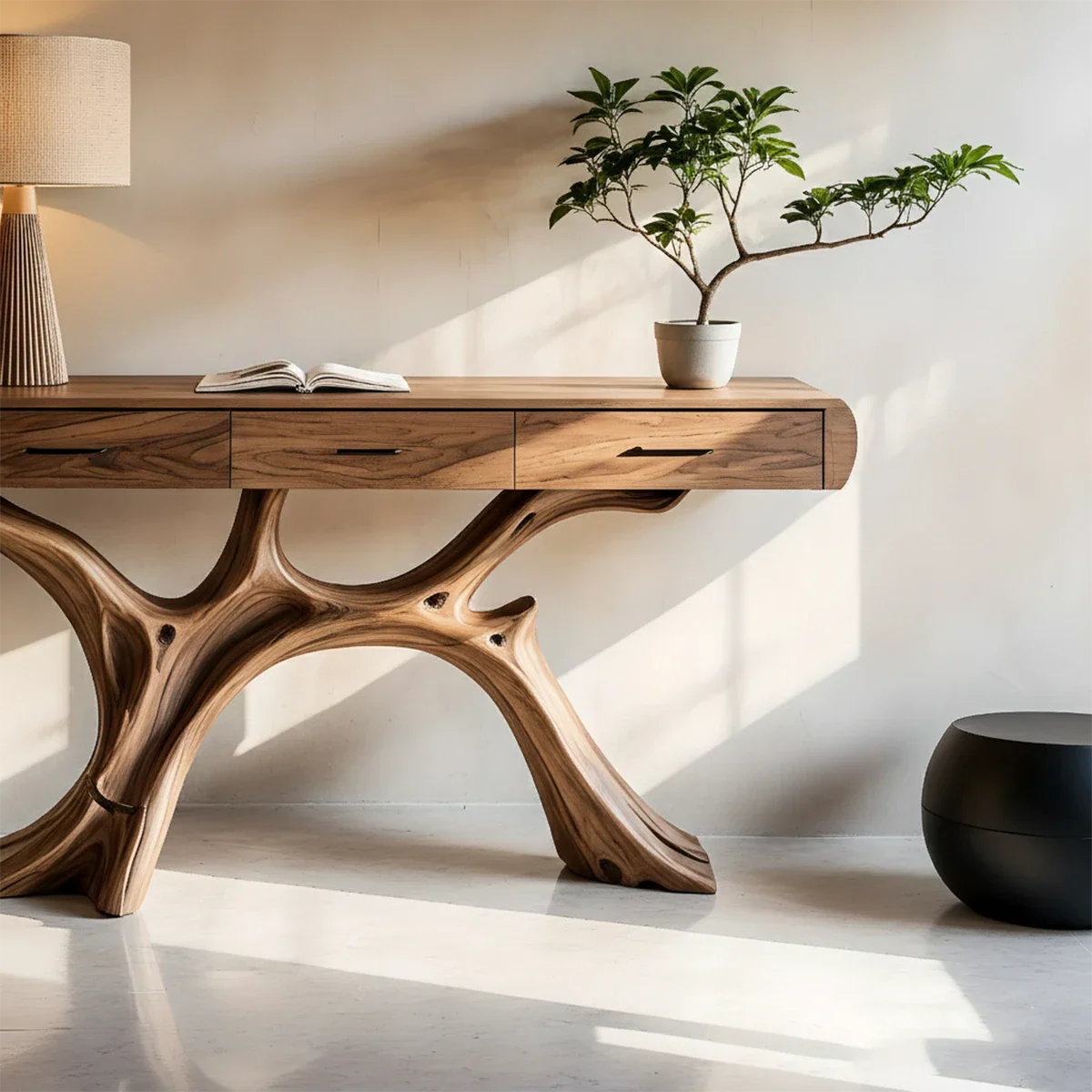 Natural Wood Console Table with Drawers and Sculptural Base for Decor Styling - ArborisWood - 3