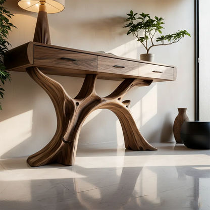 Natural Wood Console Table with Drawers and Sculptural Base for Decor Styling - ArborisWood - 4
