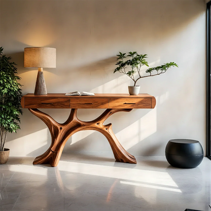Natural Wood Console Table with Drawers and Sculptural Base for Decor Styling - ArborisWood - 6
