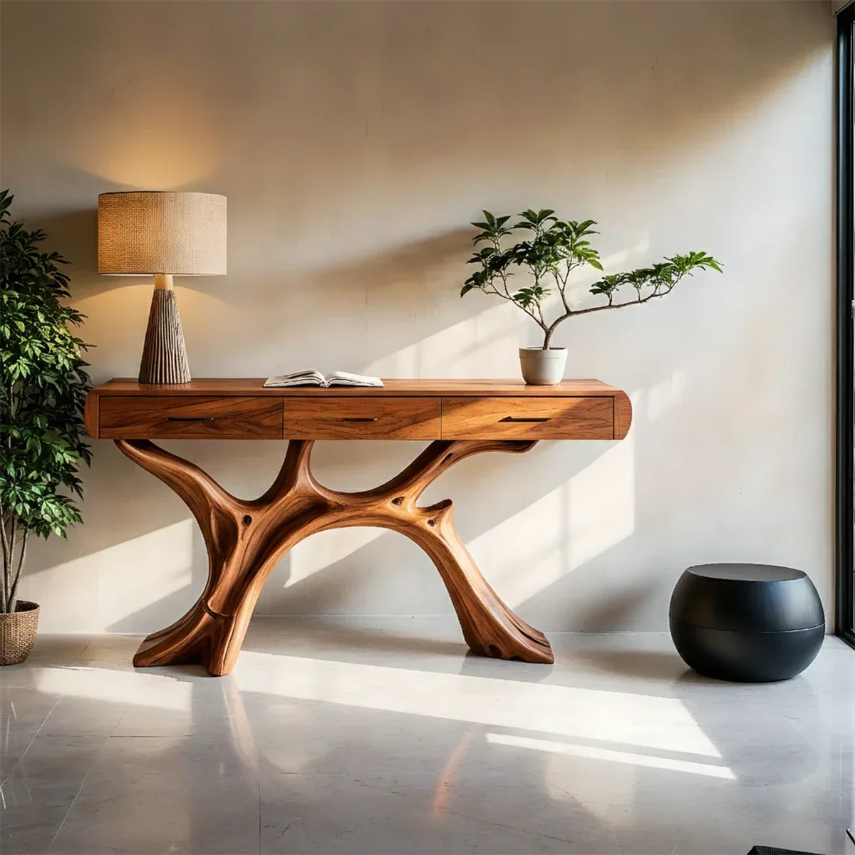 Natural Wood Console Table with Drawers and Sculptural Base for Decor Styling - Arboriswood - 6