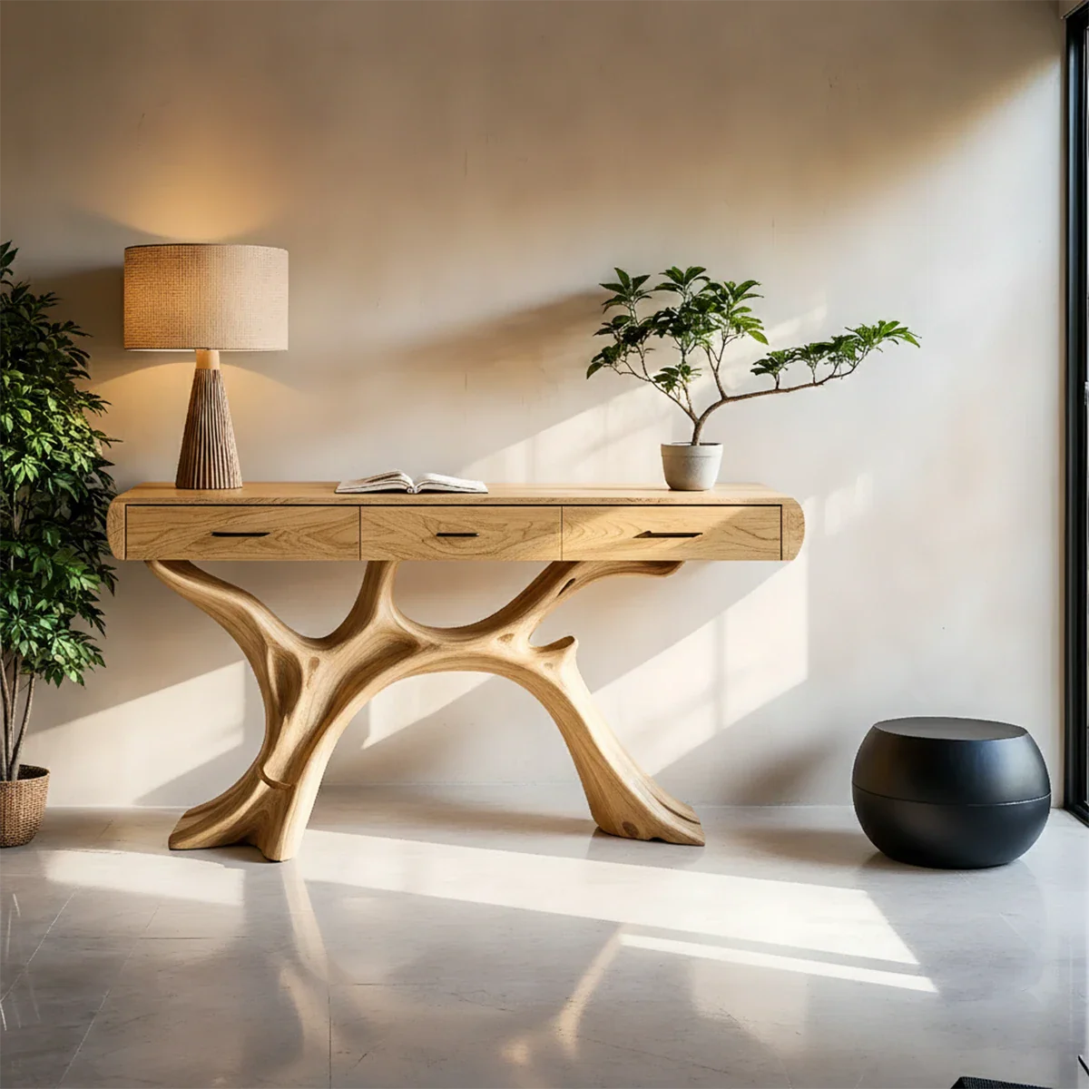 Natural Wood Console Table with Drawers and Sculptural Base for Decor Styling - ArborisWood - 7