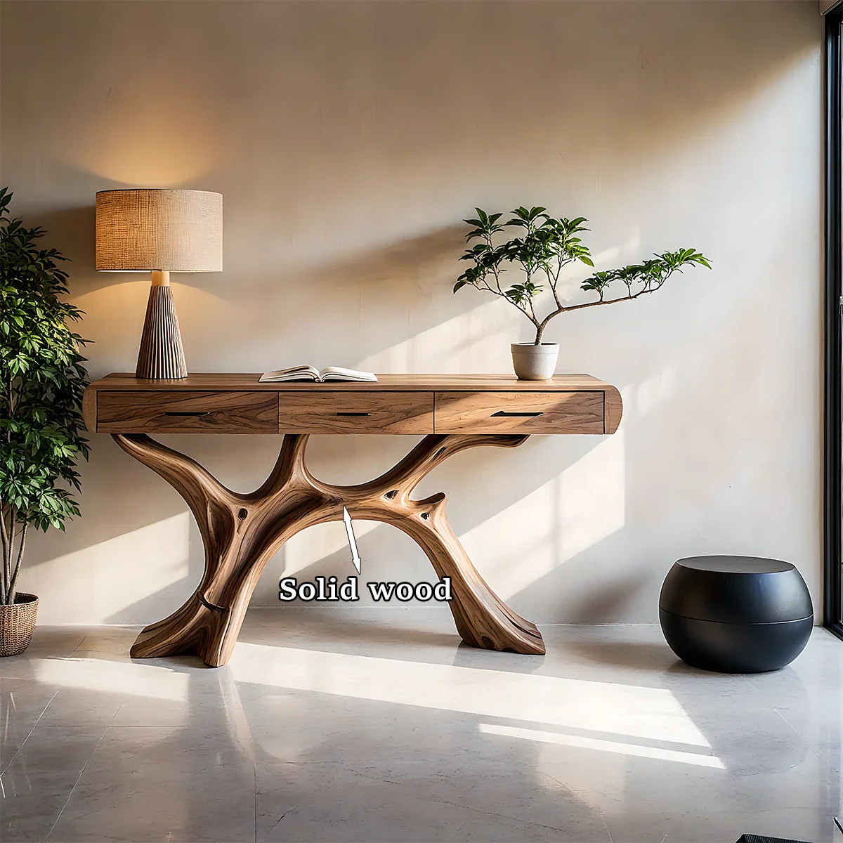 Natural Wood Console Table with Drawers and Sculptural Base for Decor Styling - ArborisWood - 9
