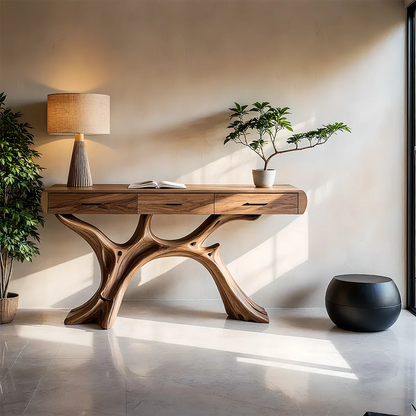 Natural Wood Console Table with Drawers and Sculptural Base for Decor Styling - ArborisWood