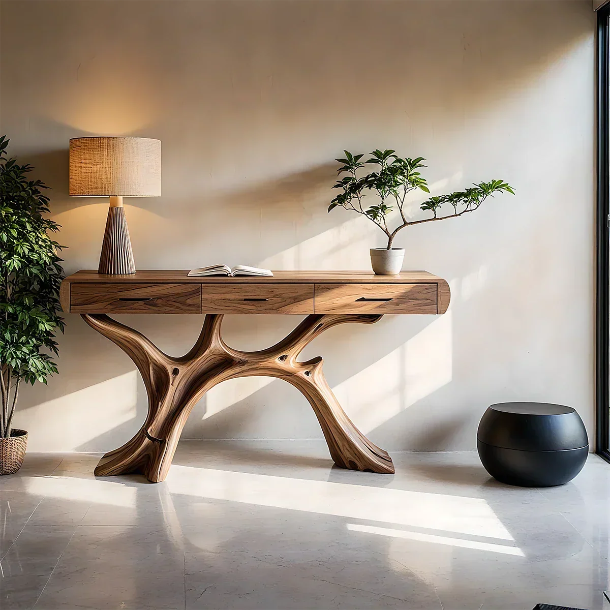 Natural Wood Console Table with Drawers and Sculptural Base for Decor Styling - Arboriswood