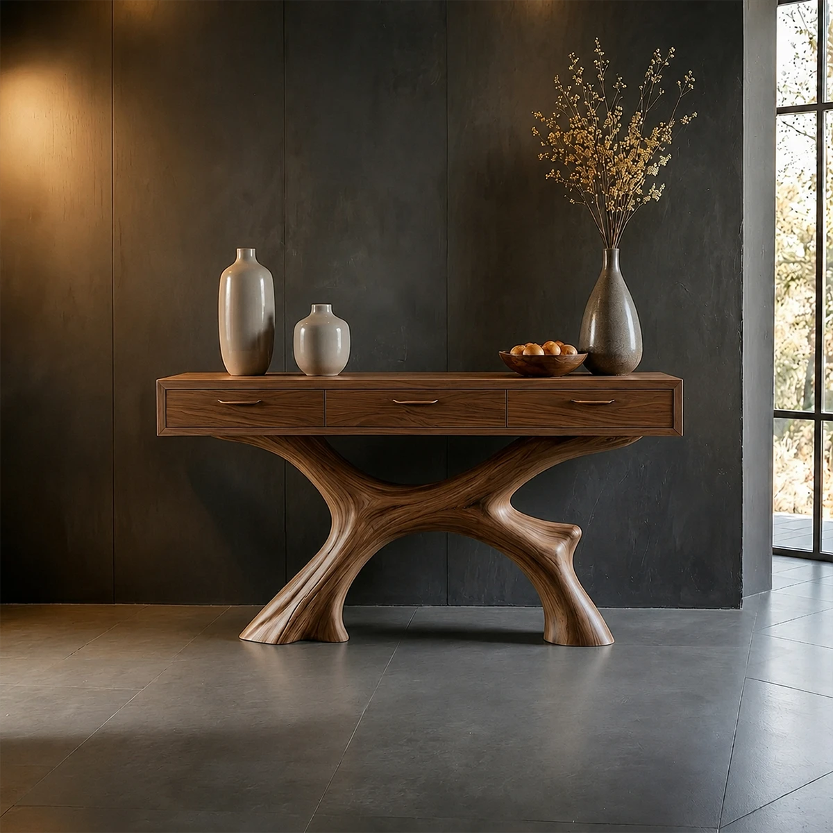 Natural Wood Console Table with Storage Drawers and Open Display Base Design - ArborisWood - 12