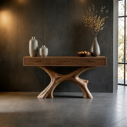 Natural Wood Console Table with Storage Drawers and Open Display Base Design - ArborisWood - 13