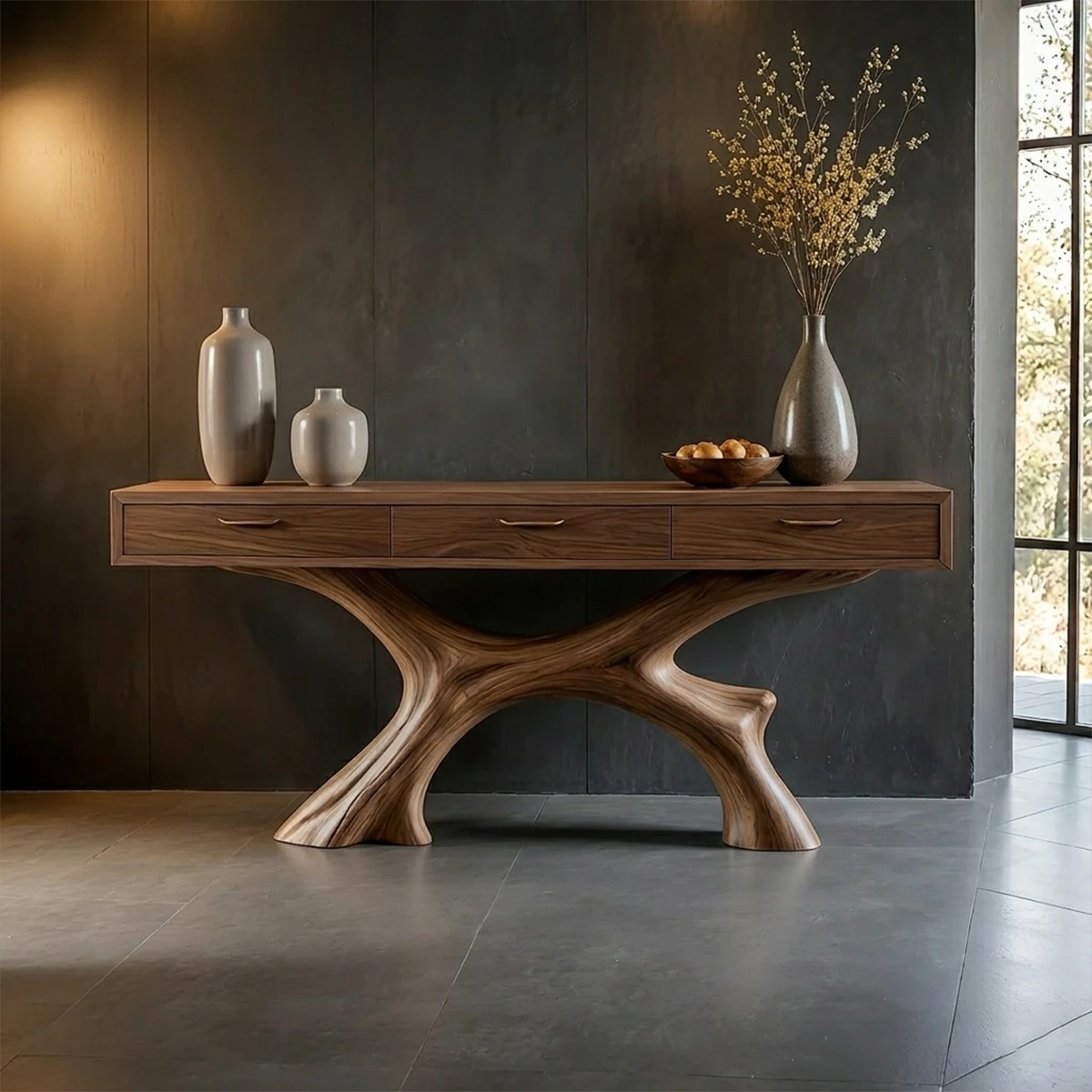 Natural Wood Console Table with Storage Drawers and Open Display Base Design - ArborisWood - 14