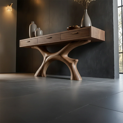 Natural Wood Console Table with Storage Drawers and Open Display Base Design - ArborisWood - 5