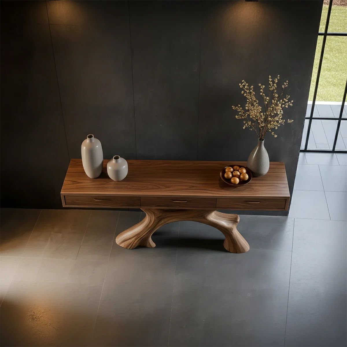 Natural Wood Console Table with Storage Drawers and Open Display Base Design - ArborisWood - 6