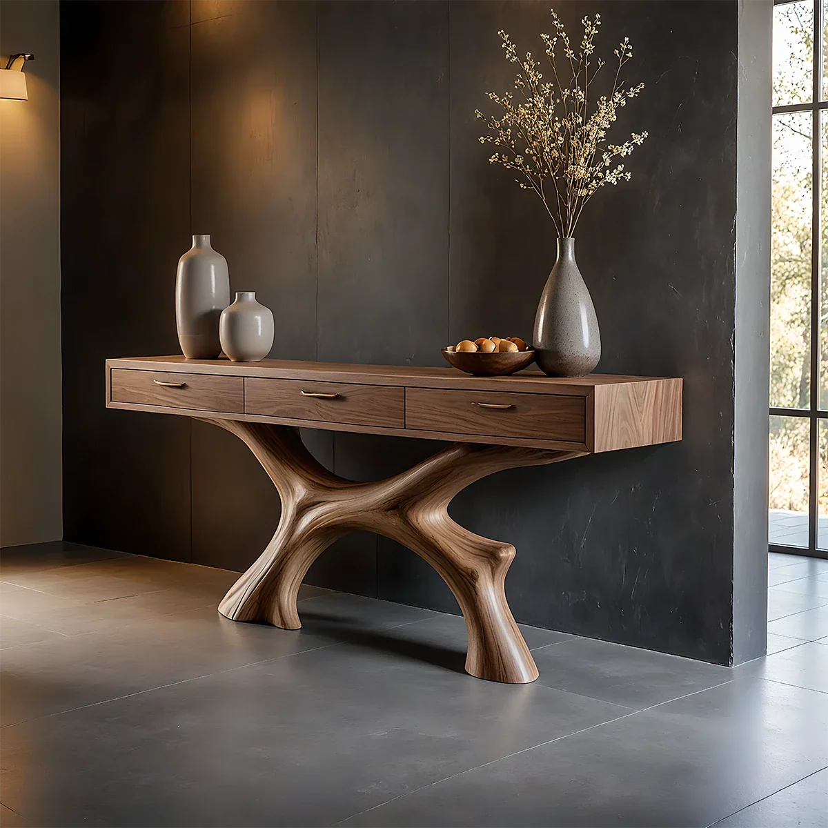Natural Wood Console Table with Storage Drawers and Open Display Base Design - ArborisWood