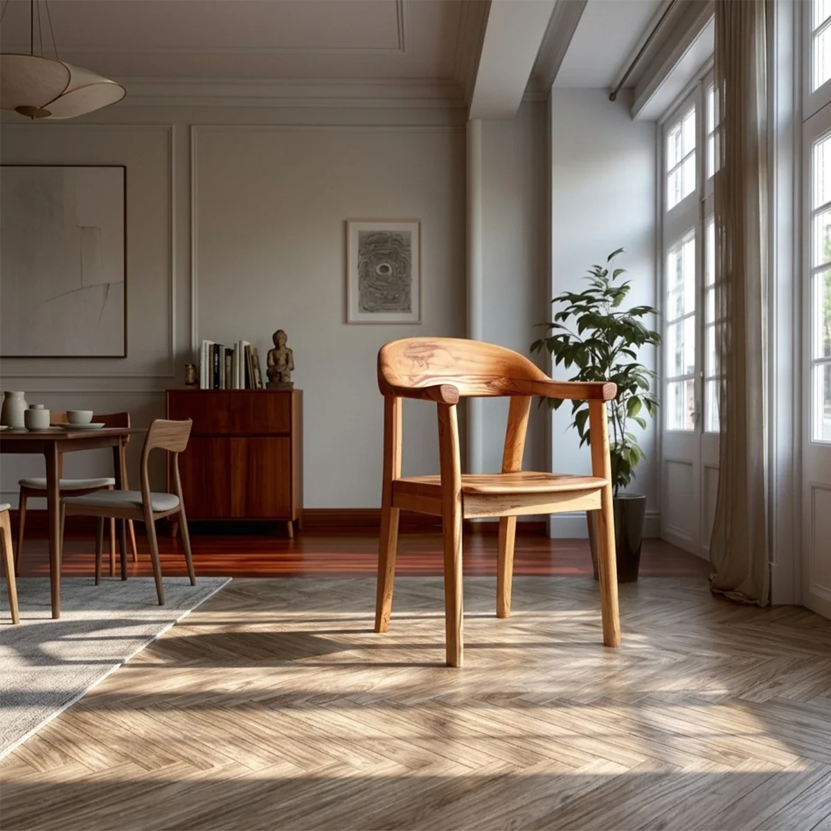 Natural Wood Dining Chair with Curved Back and Armrest for Daily Comfort - ArborisWood - 2