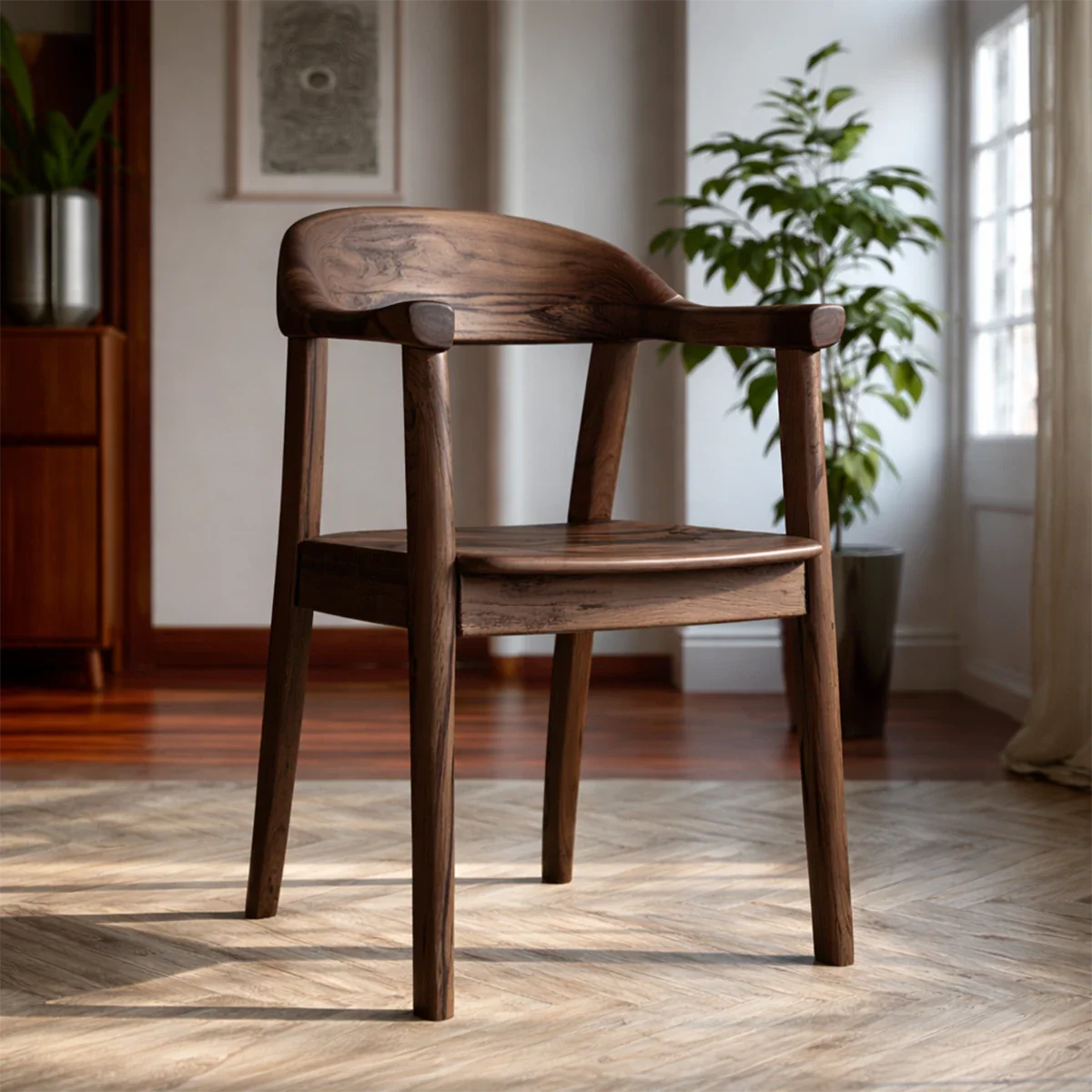 Natural Wood Dining Chair with Curved Back and Armrest for Daily Comfort - ArborisWood - 5