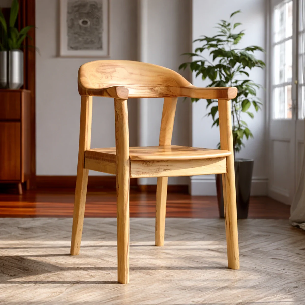 Natural Wood Dining Chair with Curved Back and Armrest for Daily Comfort - ArborisWood - 6