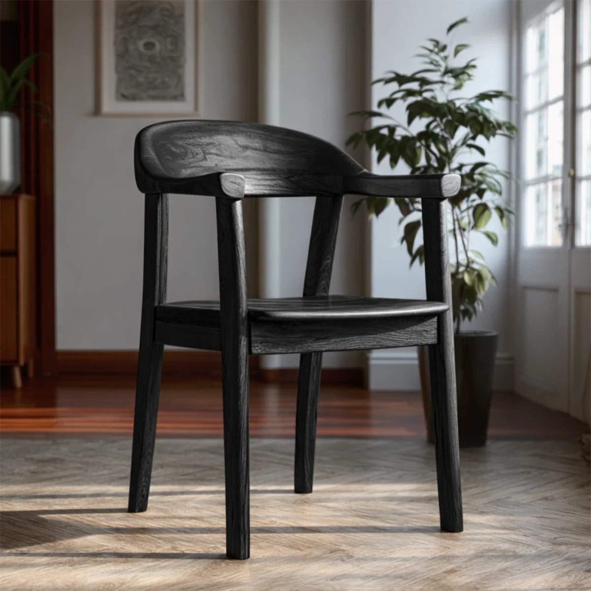 Natural Wood Dining Chair with Curved Back and Armrest for Daily Comfort - ArborisWood - 7