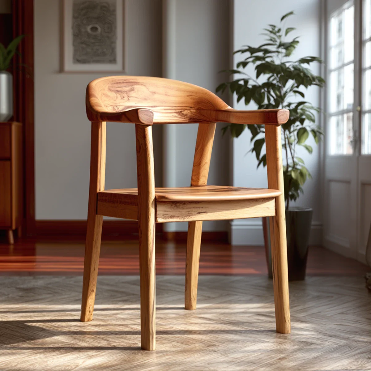 Natural Wood Dining Chair with Curved Back and Armrest for Daily Comfort - ArborisWood