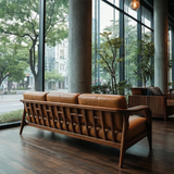 Natural Wood Sofa with Curved Frame and Leather Cushions for Modern Living Spaces - ArborisWood - 4