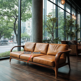 Natural Wood Sofa with Curved Frame and Leather Cushions for Modern Living Spaces - ArborisWood - 9