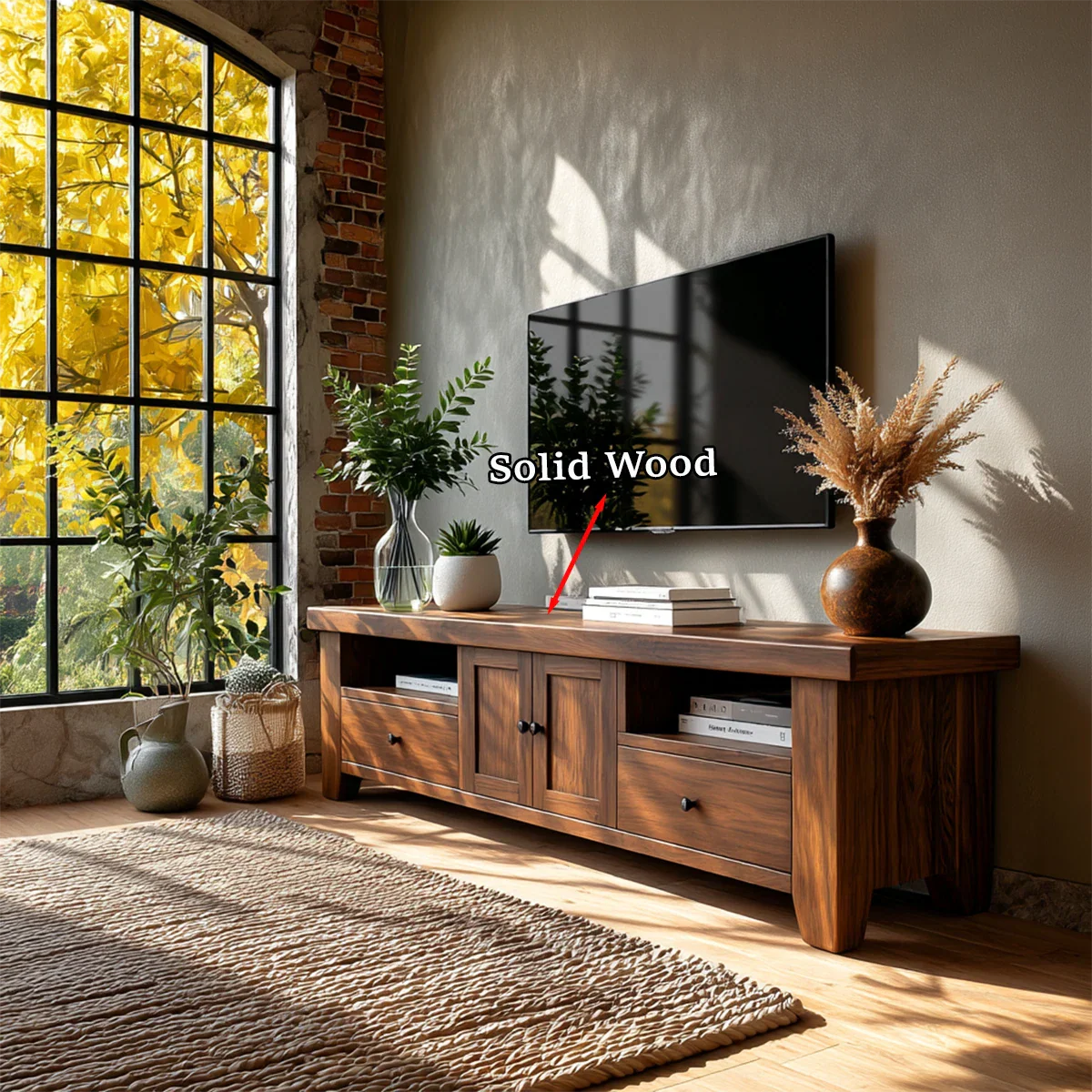 Natural Wood TV Stand with Drawers, Center Cabinet and Open Shelf for Modern Living Room - ArborisWood - 10