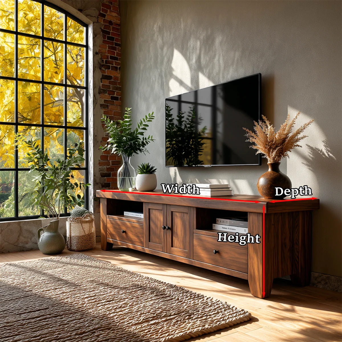 Natural Wood TV Stand with Drawers, Center Cabinet and Open Shelf for Modern Living Room - ArborisWood - 11