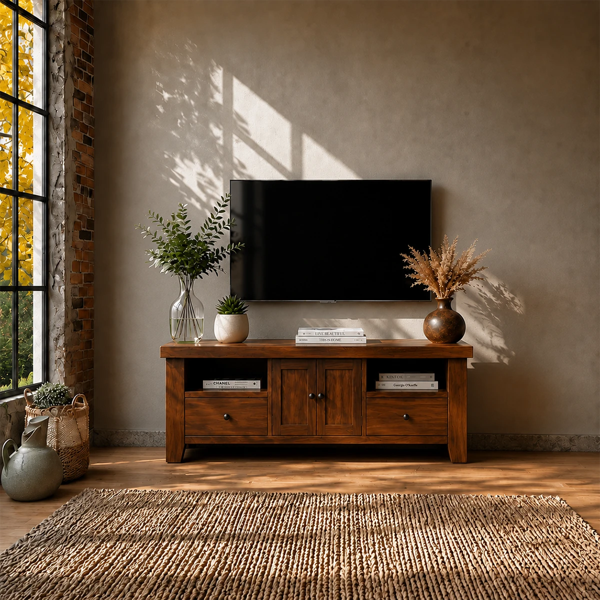 Natural Wood TV Stand with Drawers, Center Cabinet and Open Shelf for Modern Living Room - ArborisWood - 12