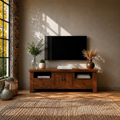 Natural Wood TV Stand with Drawers, Center Cabinet and Open Shelf for Modern Living Room - ArborisWood - 13