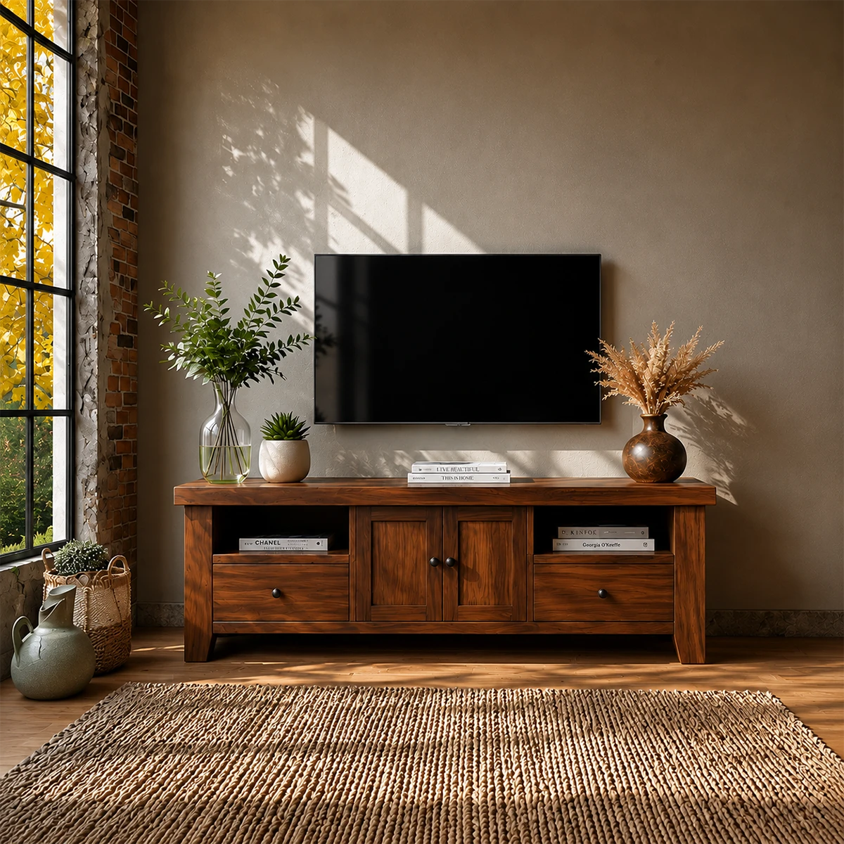 Natural Wood TV Stand with Drawers, Center Cabinet and Open Shelf for Modern Living Room - ArborisWood - 14