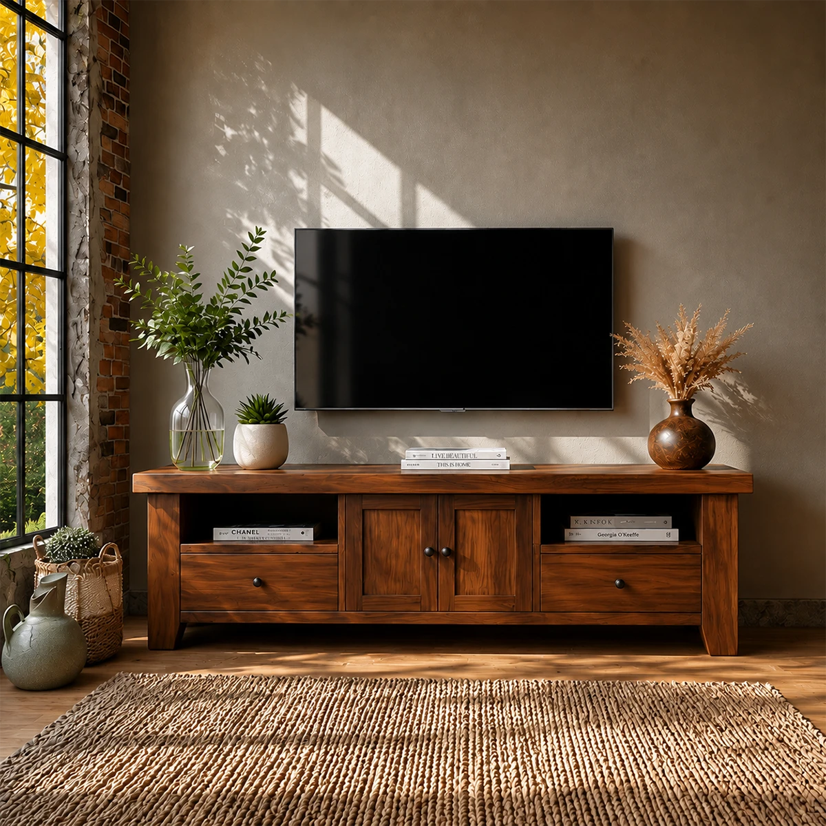 Natural Wood TV Stand with Drawers, Center Cabinet and Open Shelf for Modern Living Room - ArborisWood - 15