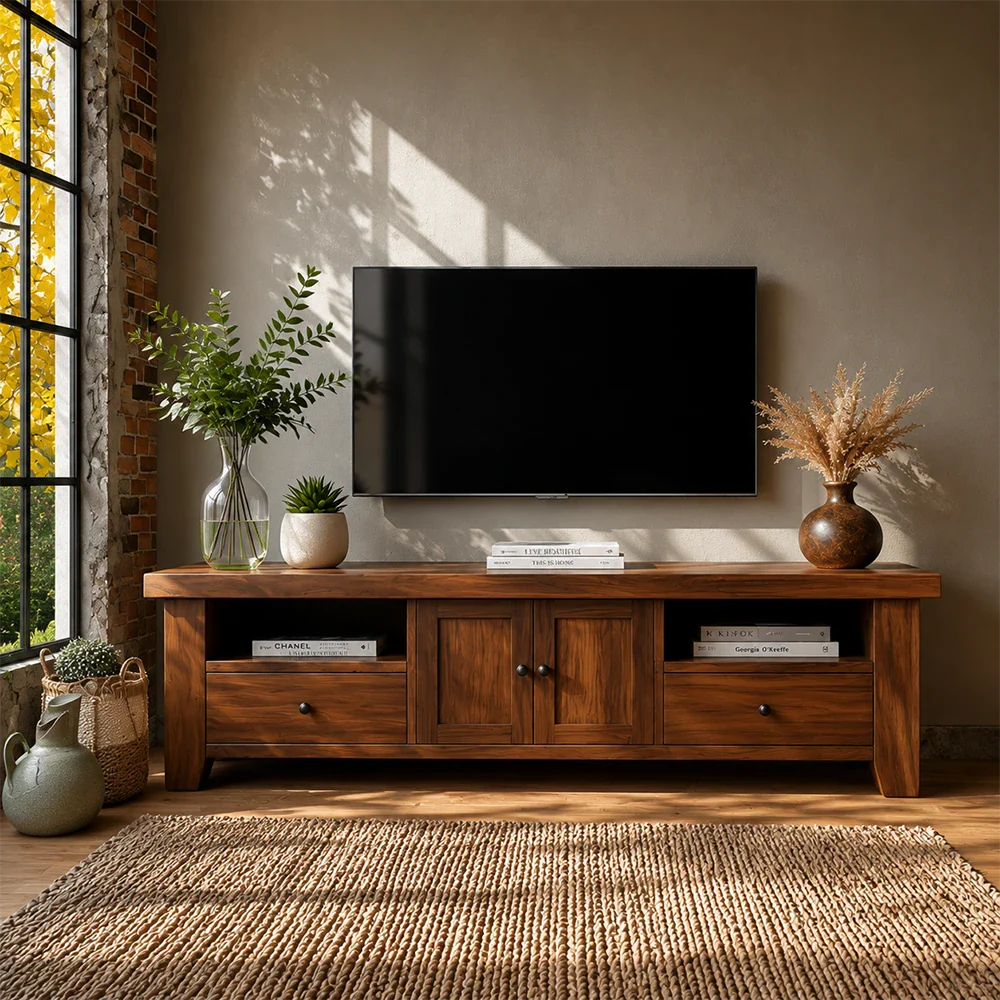 Natural Wood TV Stand with Drawers, Center Cabinet and Open Shelf for Modern Living Room - ArborisWood - 3
