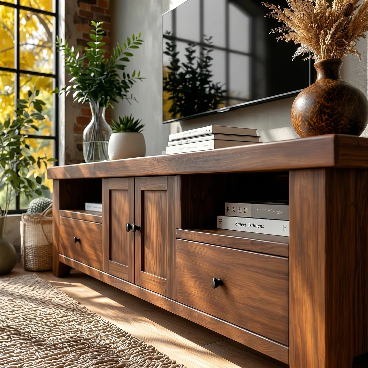 Natural Wood TV Stand with Drawers, Center Cabinet and Open Shelf for Modern Living Room - ArborisWood - 4