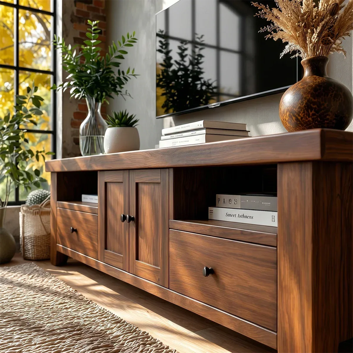 Natural Wood TV Stand with Drawers, Center Cabinet and Open Shelf for Modern Living Room - Arboriswood - 4