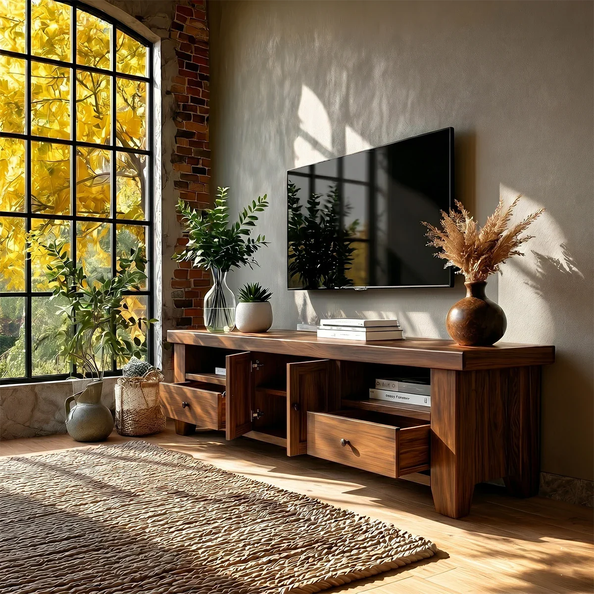 Natural Wood TV Stand with Drawers, Center Cabinet and Open Shelf for Modern Living Room - ArborisWood - 5