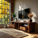 Natural Wood TV Stand with Drawers, Center Cabinet and Open Shelf for Modern Living Room - Arboriswood - 5