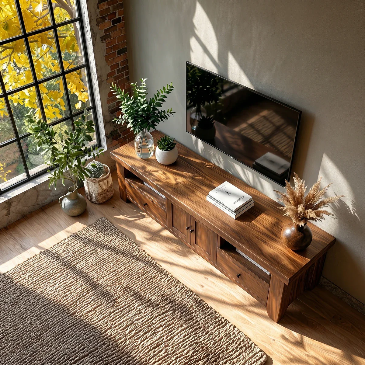 Natural Wood TV Stand with Drawers, Center Cabinet and Open Shelf for Modern Living Room - ArborisWood - 6